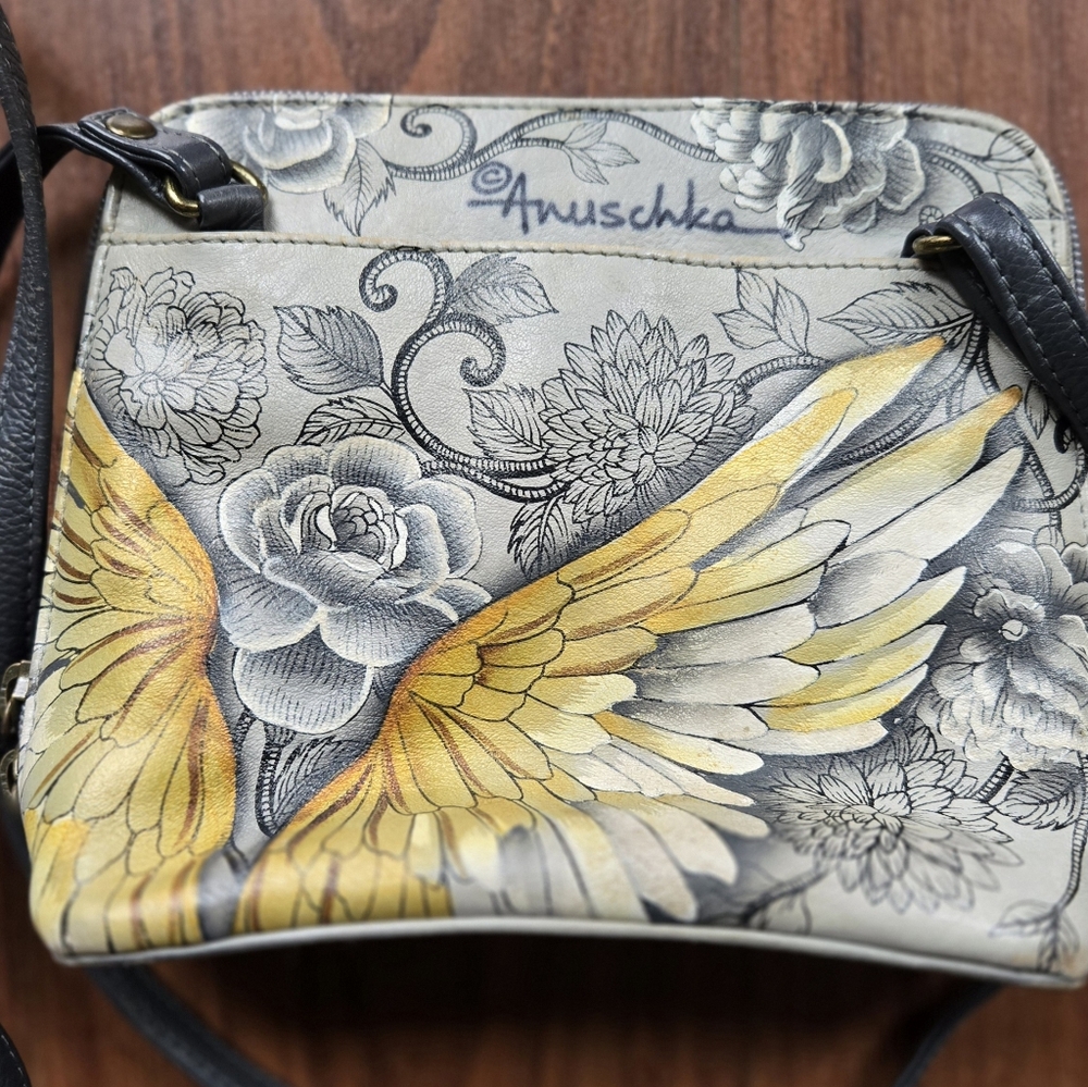 Anuschka Women's Iconic Guardian Angel Winged Crossbody Bag - Gray and Gold